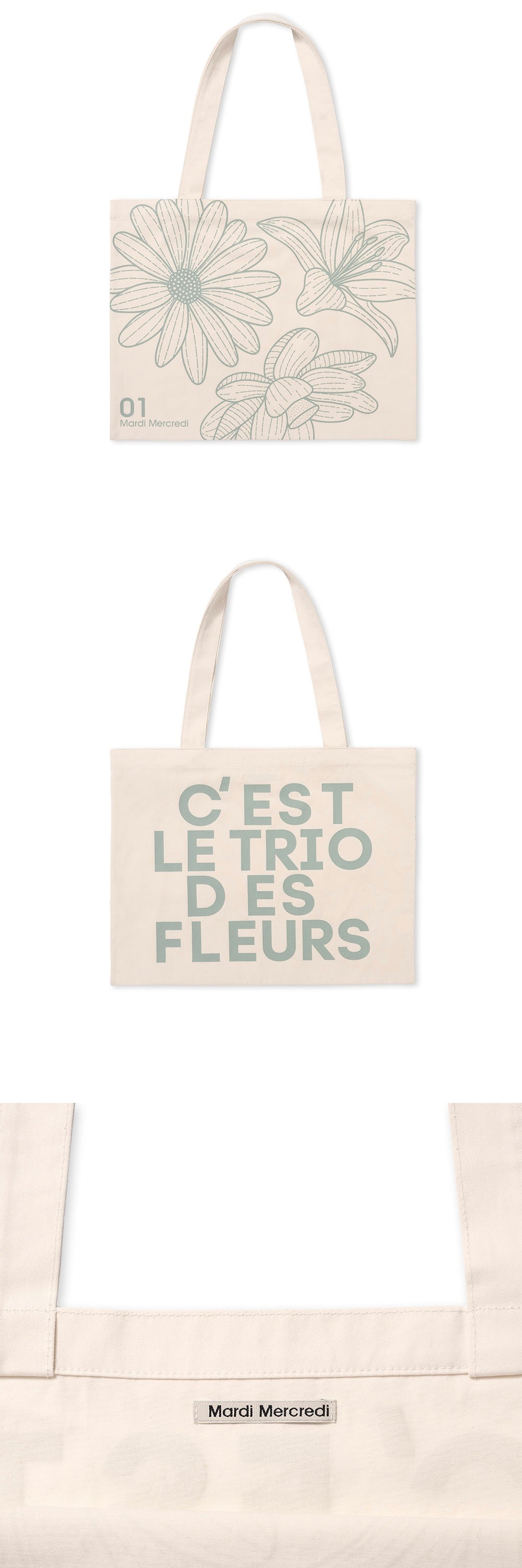 MARDI MERCREDI CANVAS BAG TRIPLE FLOWER CREAM GREEN