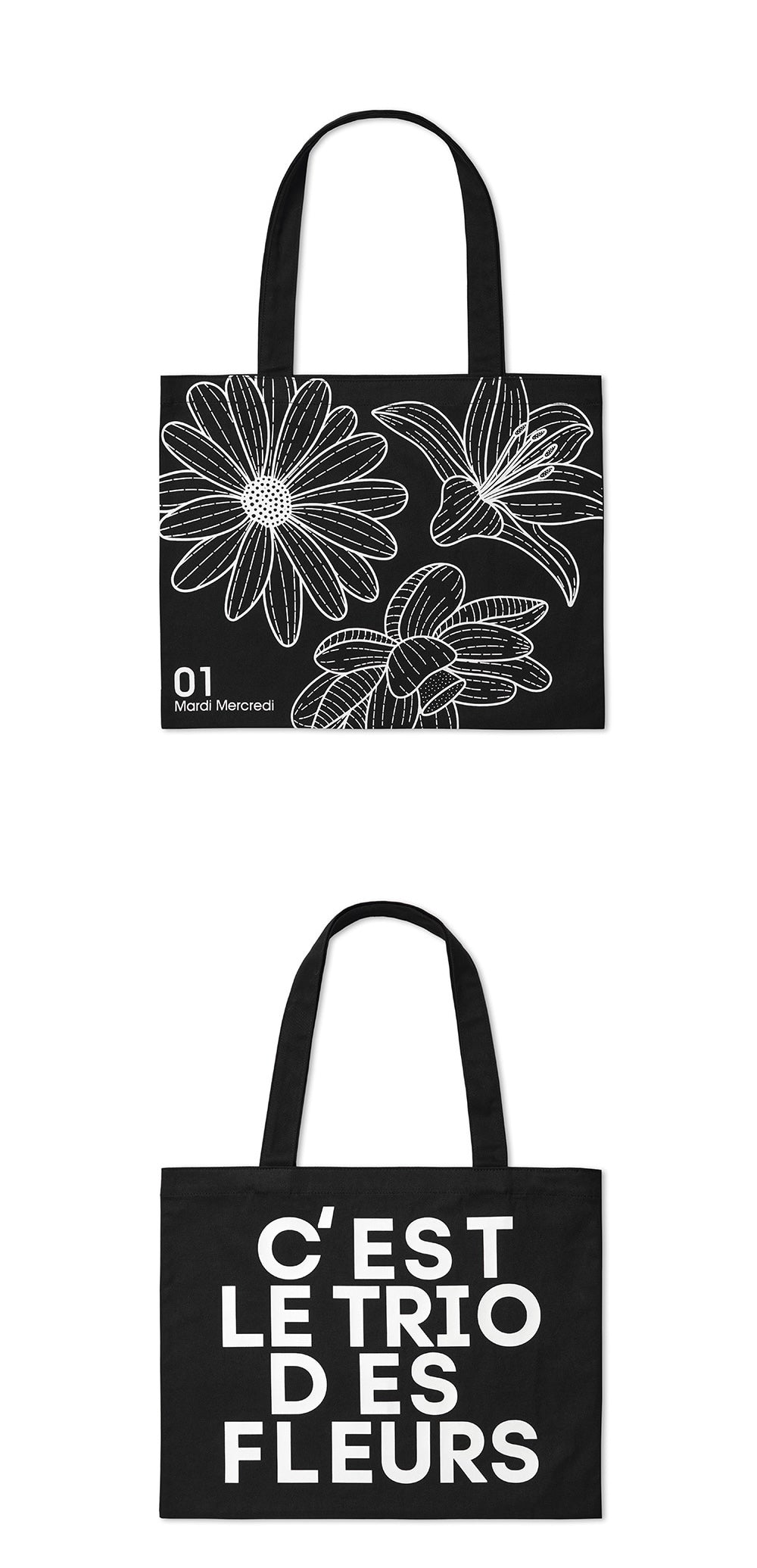 MARDI MERCREDI CANVAS BAG TRIPLE FLOWER BLACK WHITE