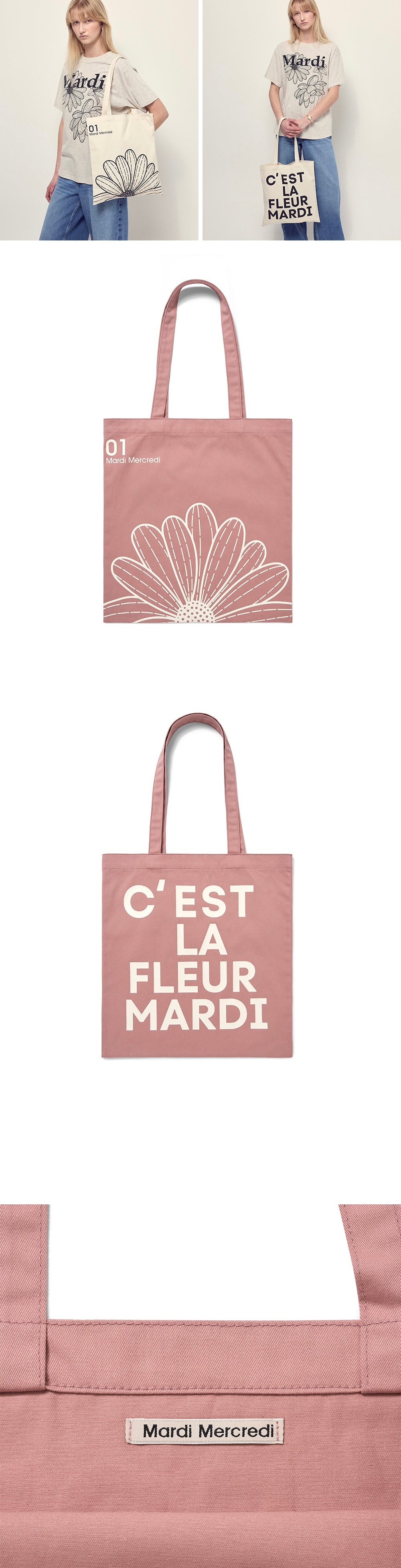 MARDI MERCREDI MARDI MERCREDI CANVAS BAG FLOWER PINK WHITE