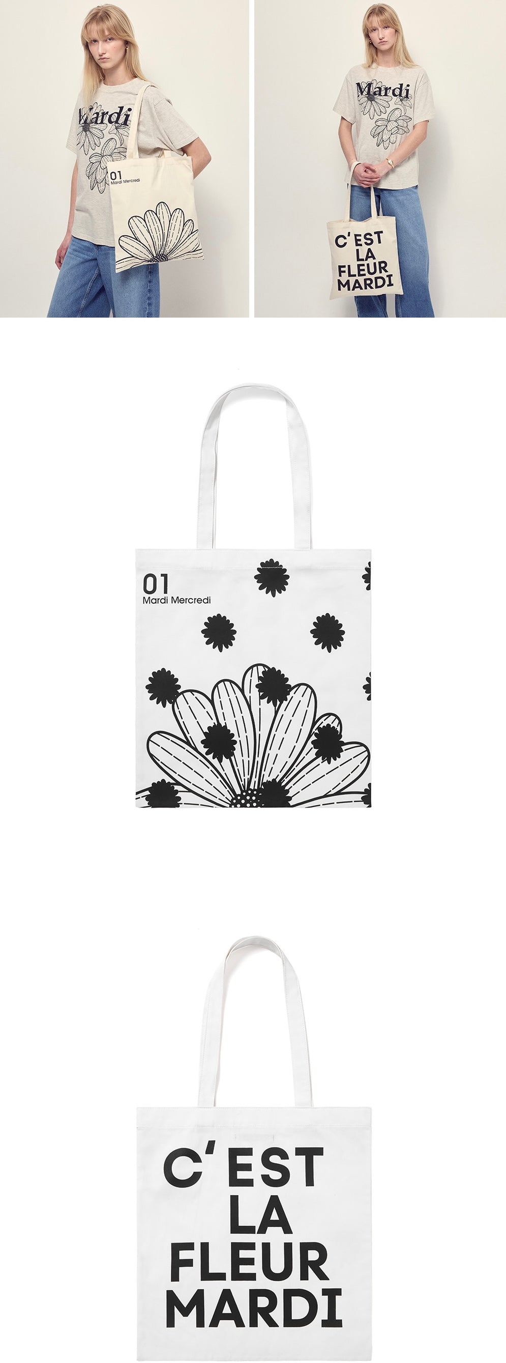 MARDI MERCREDI CANVAS BAG FLOWER DOTS WHITE BLACK