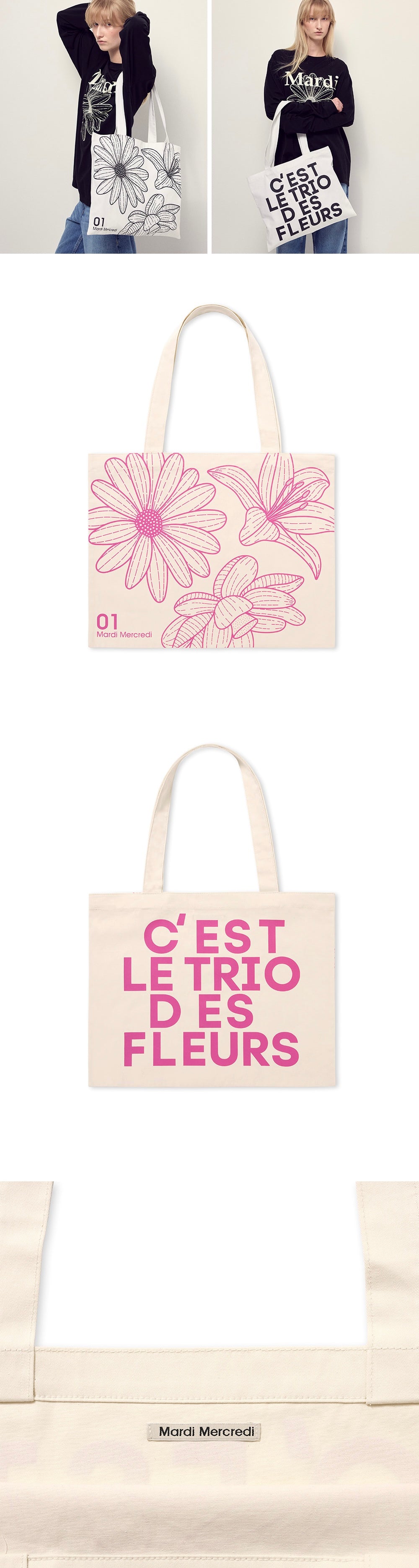 MARDI MERCREDI CANVAS BAG TRIPLE FLOWER CREAM PINK