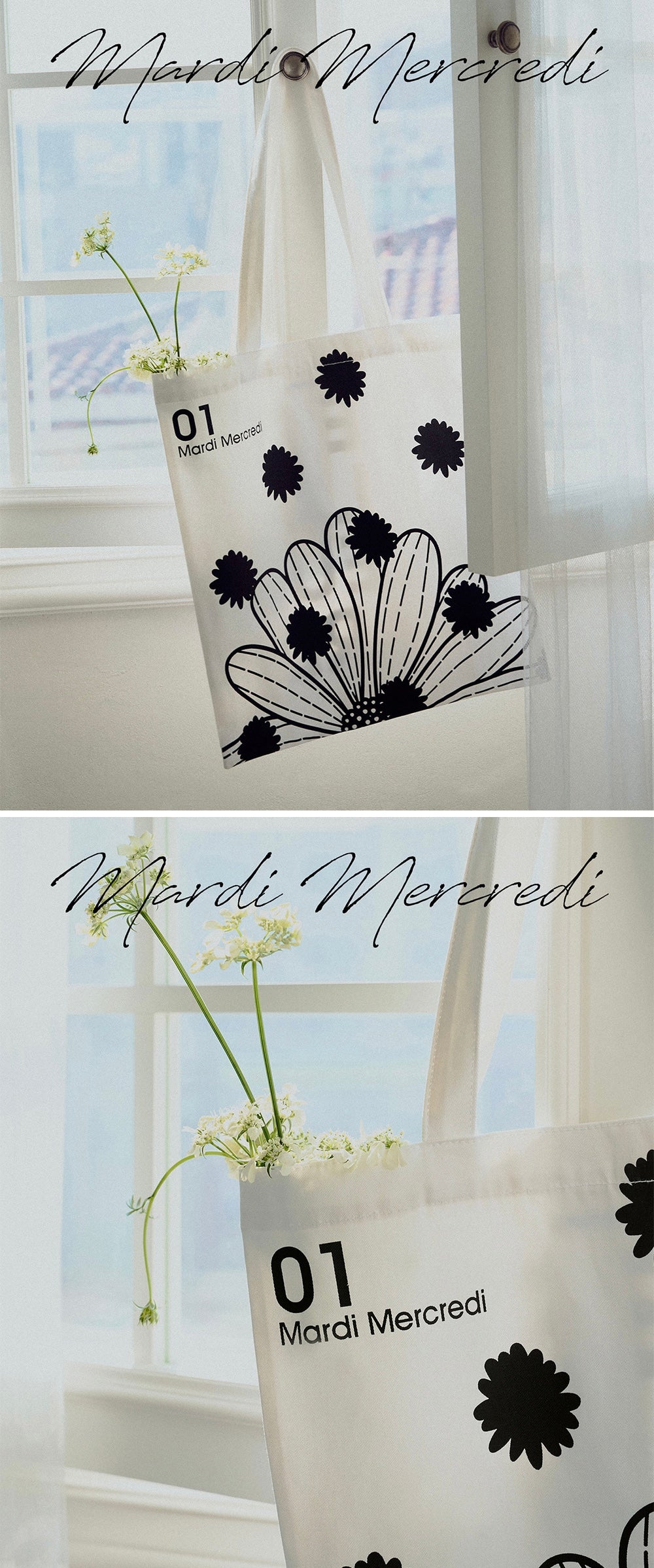 MARDI MERCREDI CANVAS BAG FLOWER DOTS WHITE BLACK