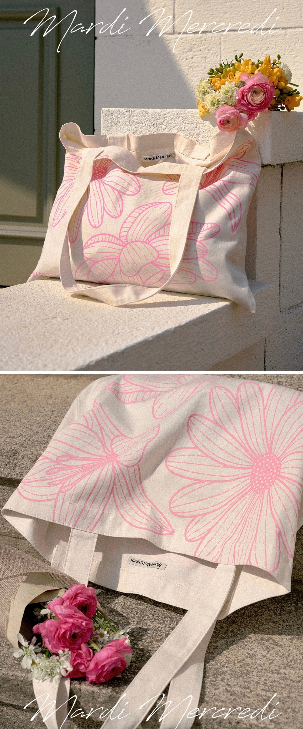MARDI MERCREDI CANVAS BAG TRIPLE FLOWER CREAM LIGHTPINK