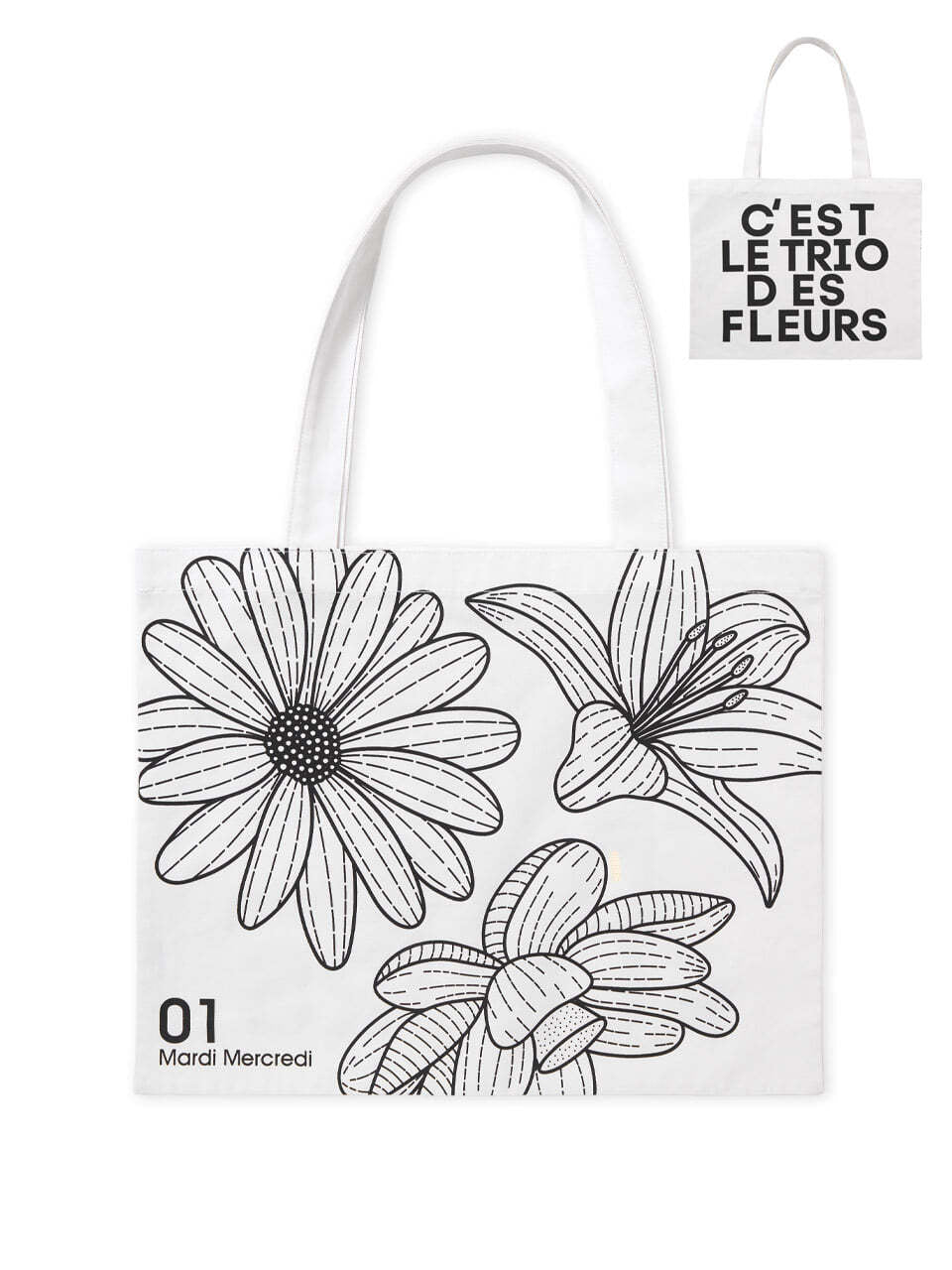 MARDI MERCREDI CANVAS BAG TRIPLE FLOWER WHITE BLACK