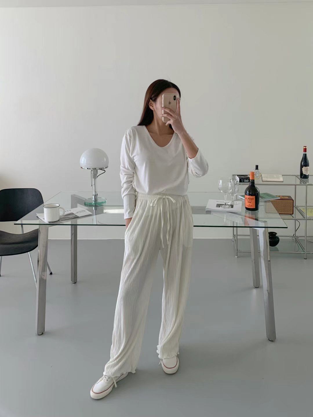 豎紋橡筋微捲闊褲🩶