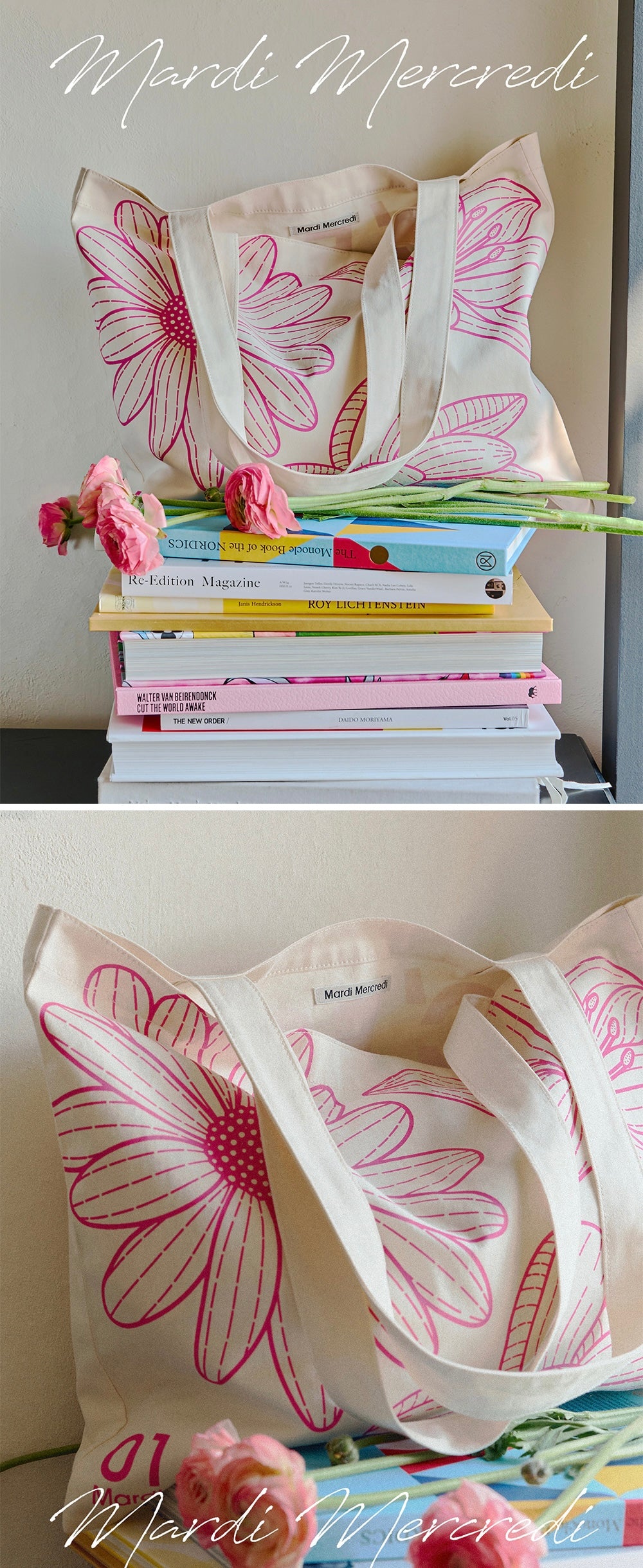 MARDI MERCREDI CANVAS BAG TRIPLE FLOWER CREAM PINK