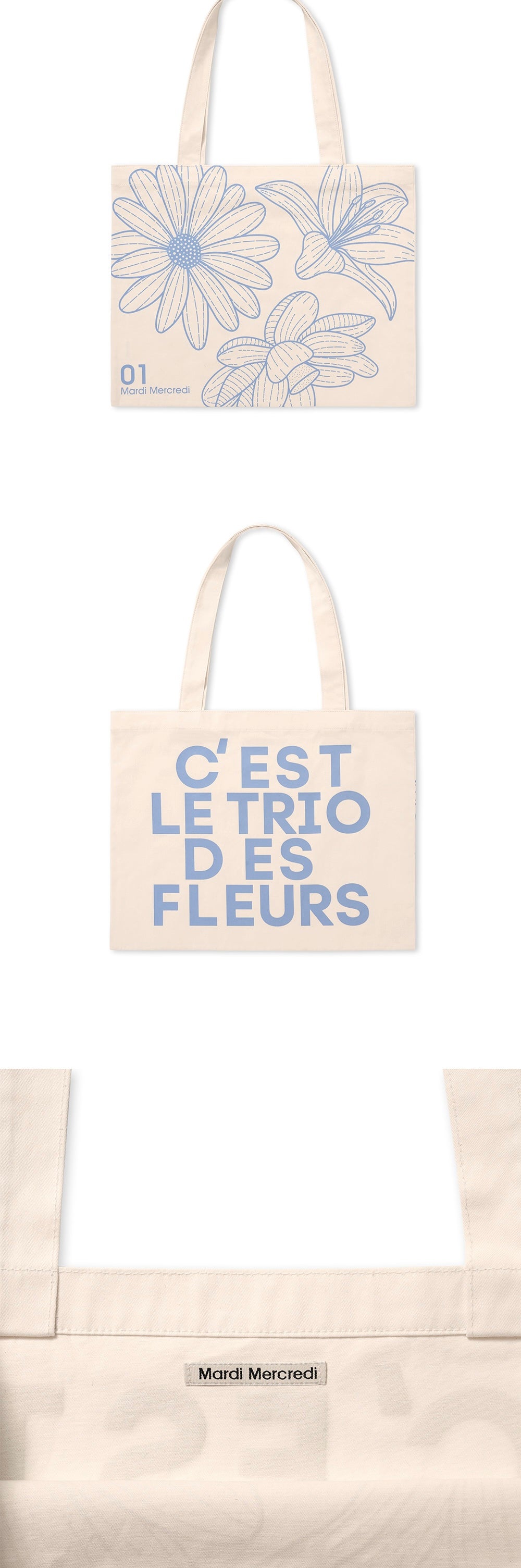 MARDI MERCREDI CANVAS BAG TRIPLE FLOWER CREAM BLUE