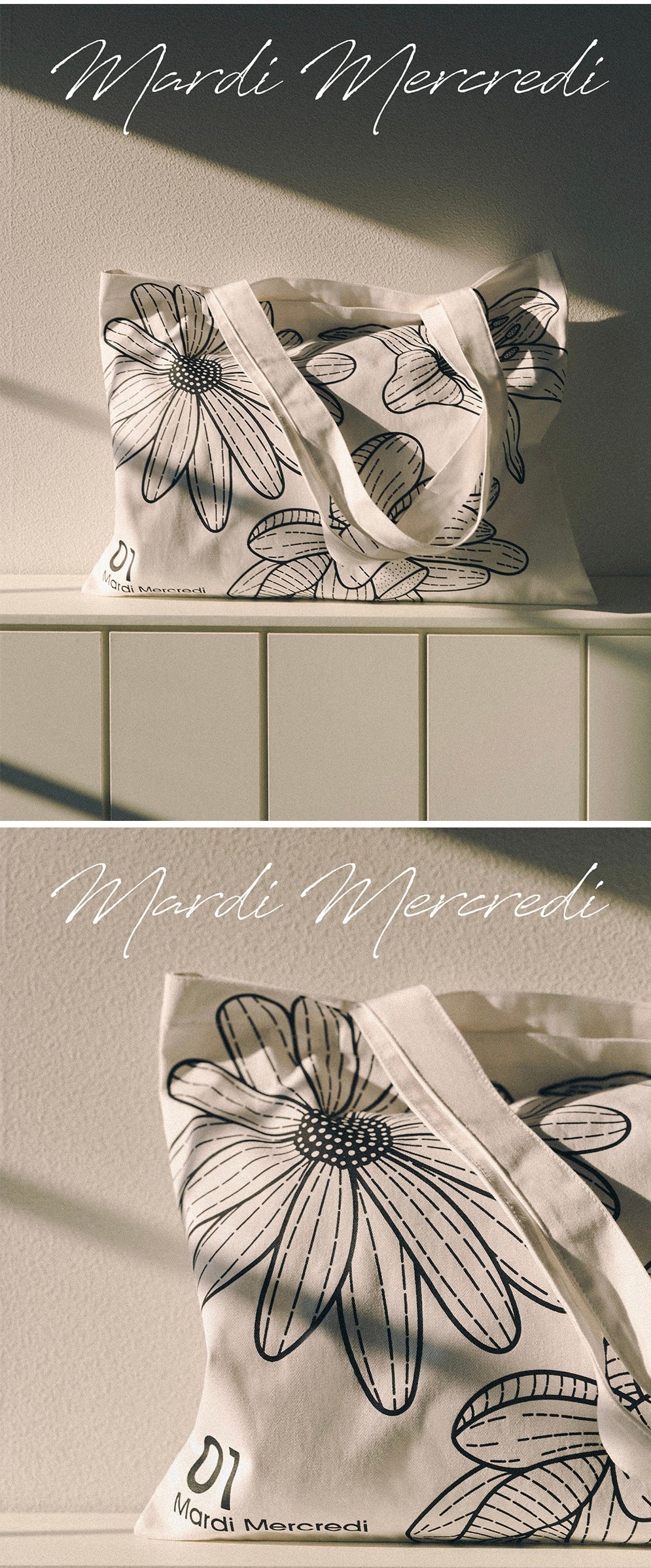 MARDI MERCREDI CANVAS BAG TRIPLE FLOWER WHITE BLACK