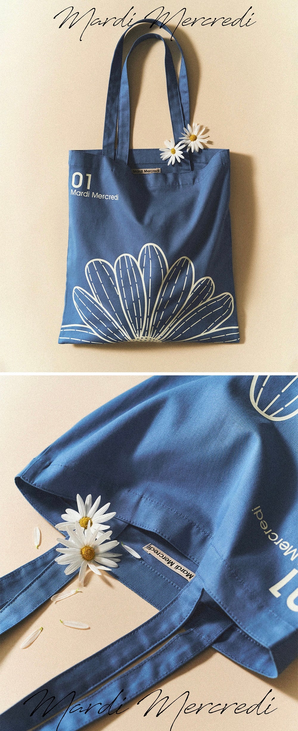 MARDI MERCREDI MARDI MERCREDI CANVAS BAG FLOWER BLUE WHITE