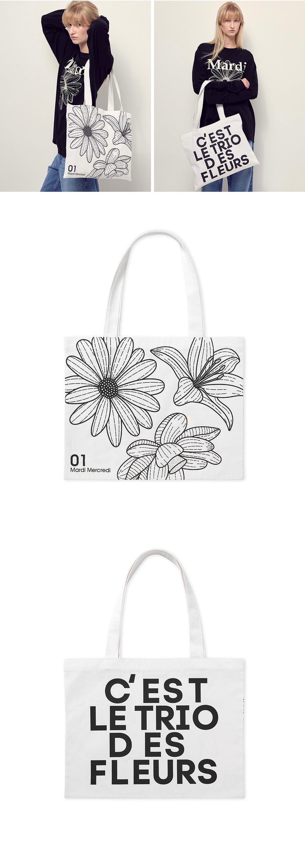 MARDI MERCREDI CANVAS BAG TRIPLE FLOWER WHITE BLACK