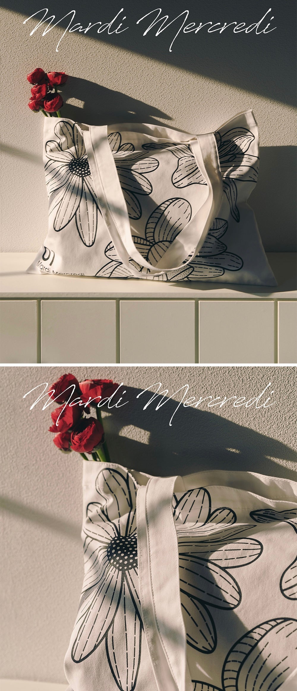 MARDI MERCREDI CANVAS BAG TRIPLE FLOWER WHITE BLACK