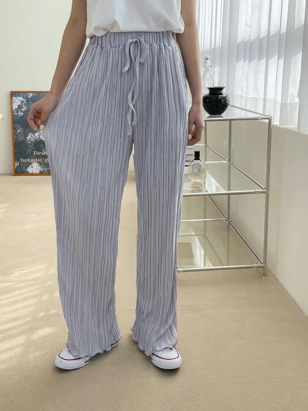 豎紋橡筋微捲闊褲🩶