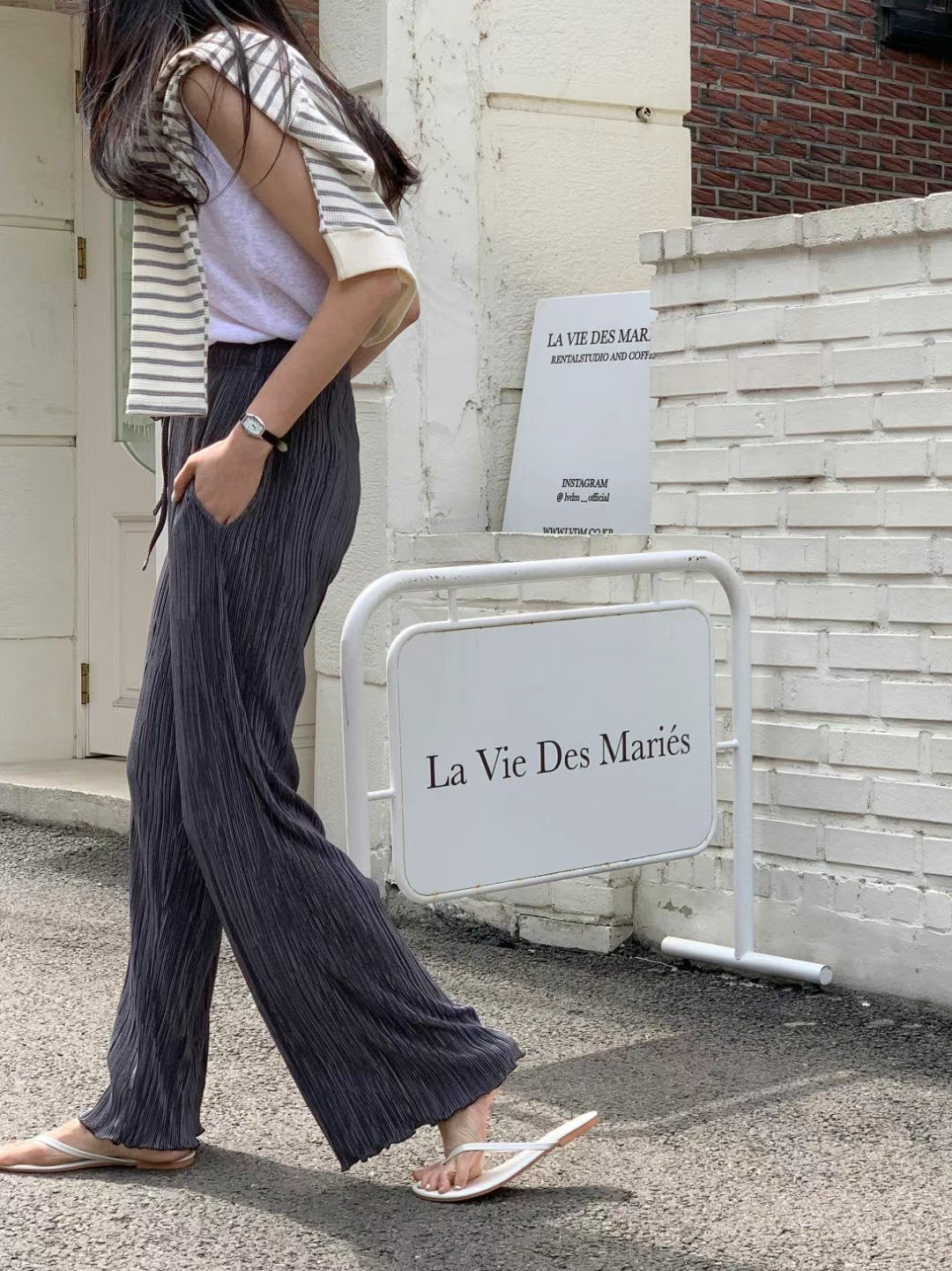 豎紋橡筋微捲闊褲🩶