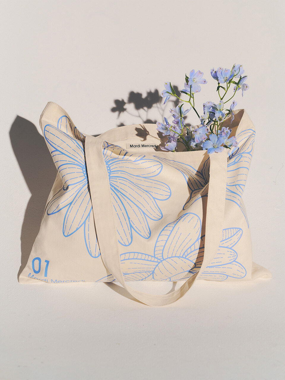 MARDI MERCREDI CANVAS BAG TRIPLE FLOWER CREAM BLUE