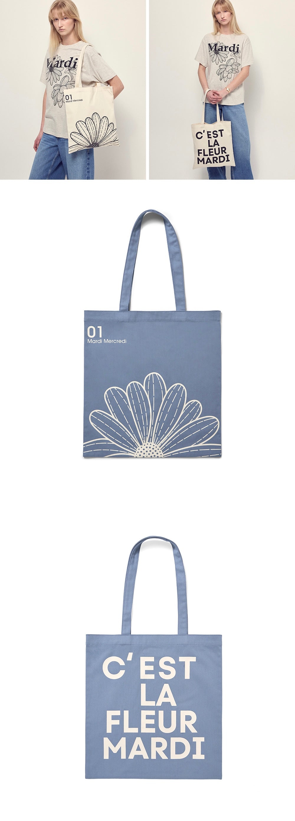 MARDI MERCREDI MARDI MERCREDI CANVAS BAG FLOWER BLUE WHITE