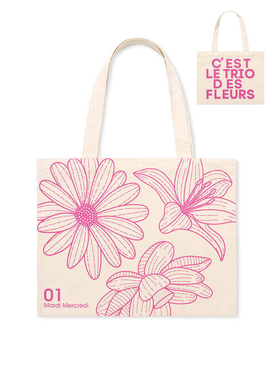 MARDI MERCREDI CANVAS BAG TRIPLE FLOWER CREAM PINK