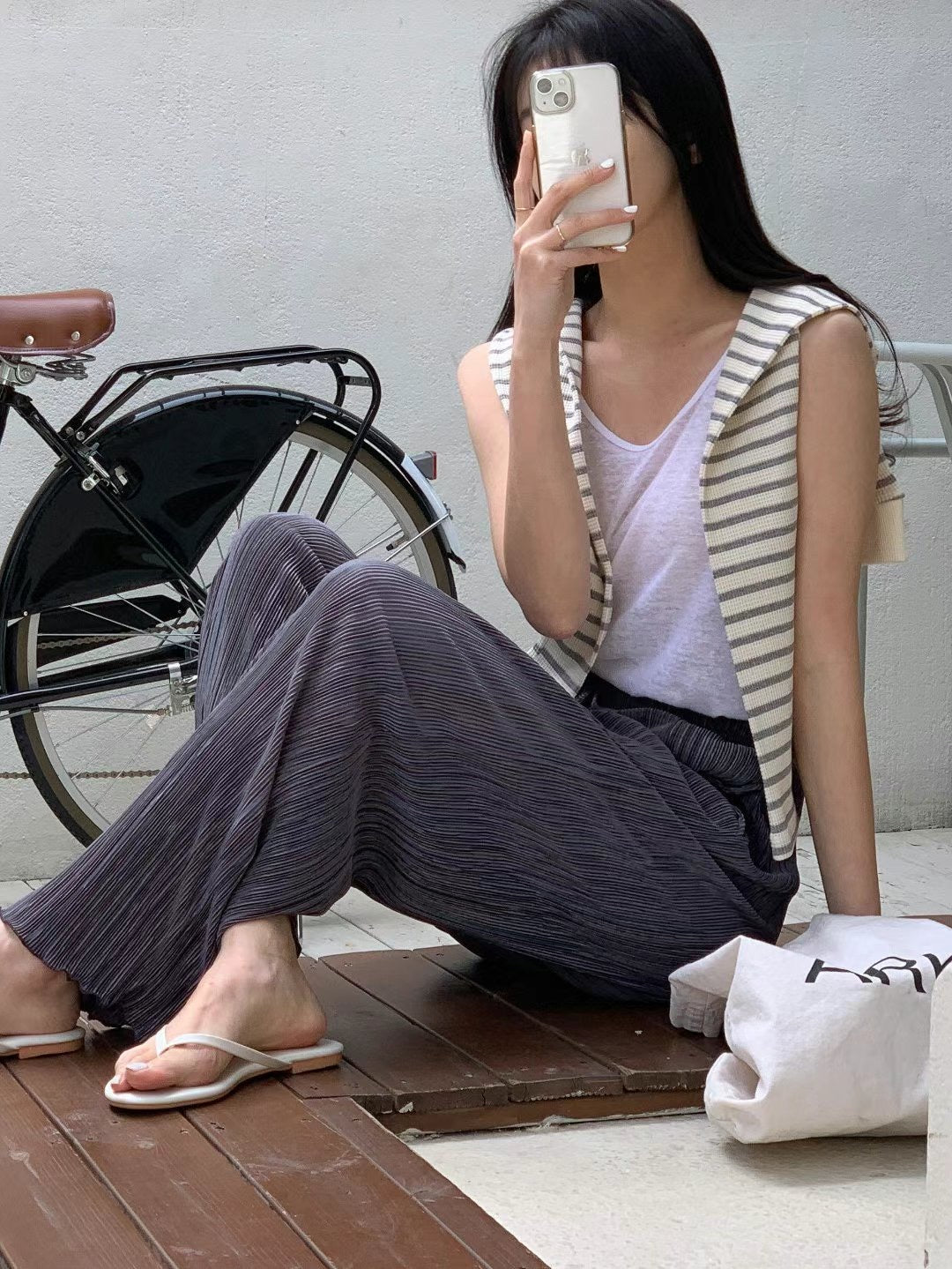 豎紋橡筋微捲闊褲🩶