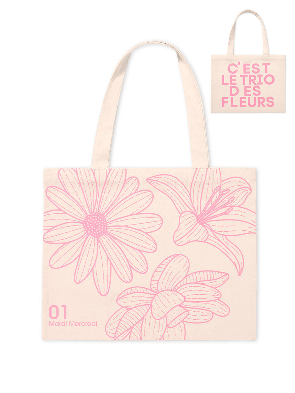 MARDI MERCREDI CANVAS BAG TRIPLE FLOWER CREAM LIGHTPINK